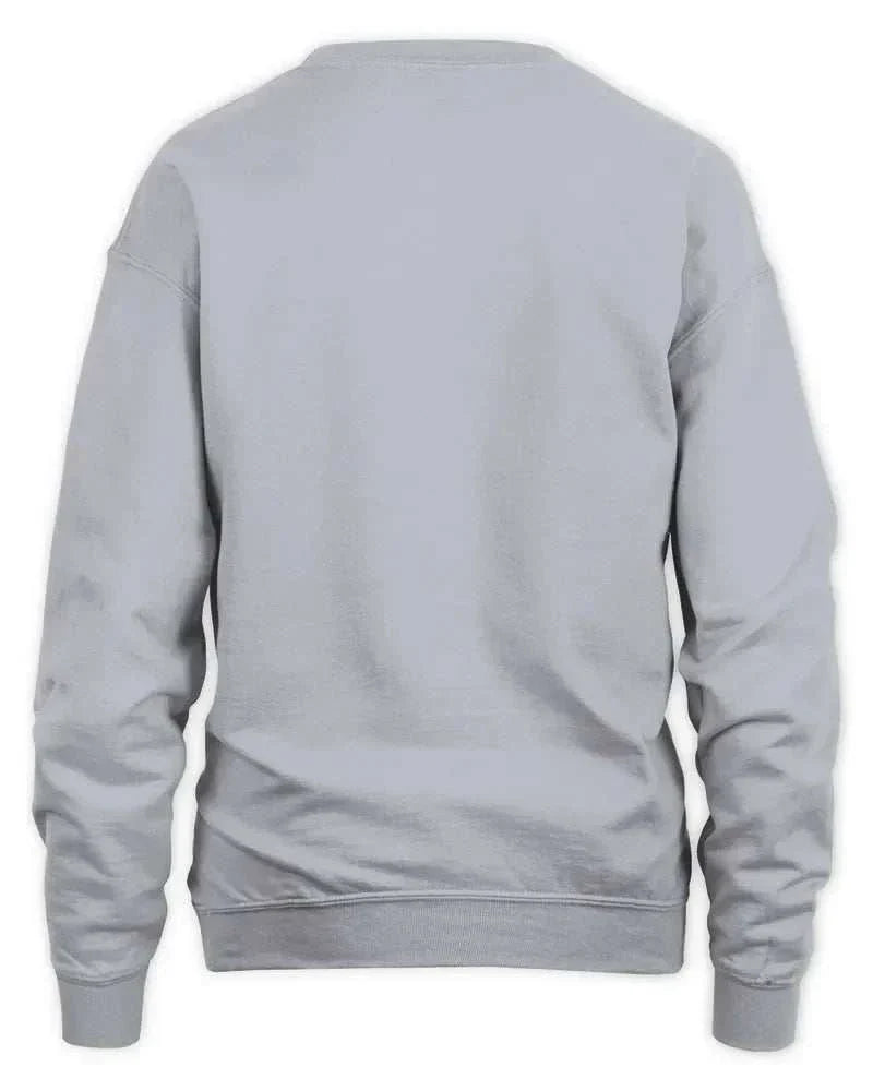 Back view of plain light grey unisex sweatshirt with ribbed cuffs and waistband