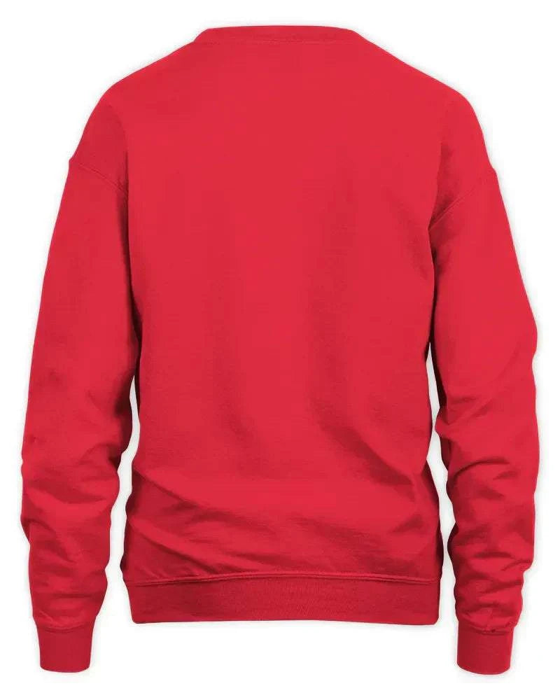 Back view of red unisex sweatshirt with ribbed cuffs and waistband, made of preshrunk fleece knit with double-needle stitching and soft air jet yarn.