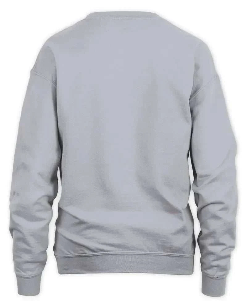 Back view of light grey unisex sweatshirt with ribbed cuffs and waistband