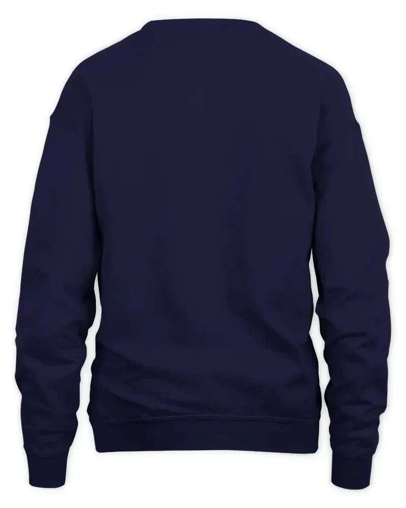 Back view of navy blue unisex sweatshirt with ribbed cuffs and waistband