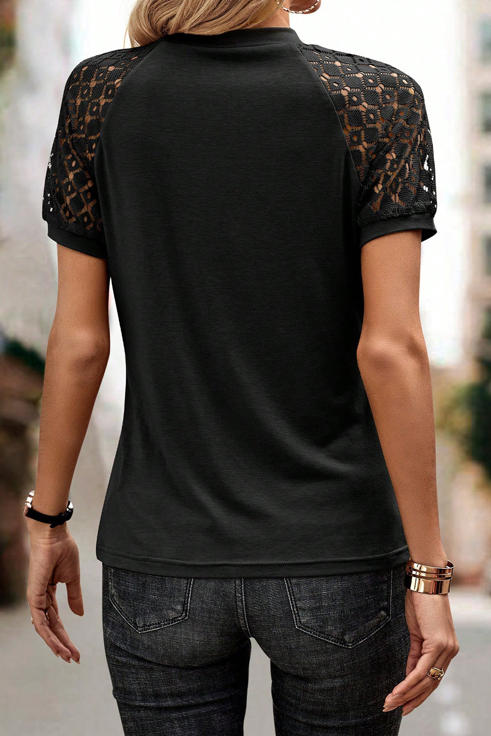 Navy blue tee with seamed detail and contrast lace raglan sleeves
