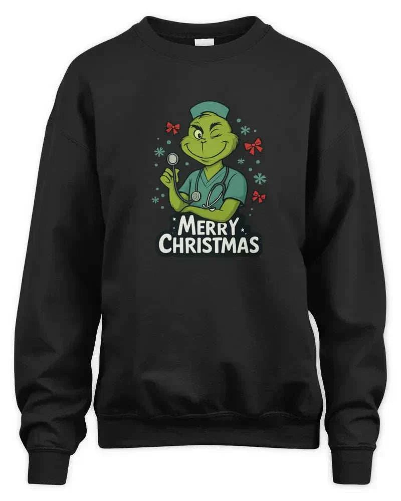 Unisex sweatshirt with Merry Christmas Grinch doctor design, soft preshrunk fleece, and durable double-needle stitching