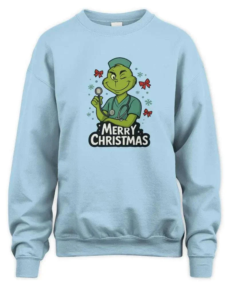 Light blue unisex sweatshirt with Merry Christmas graphic and ribbed cuffs and waistband