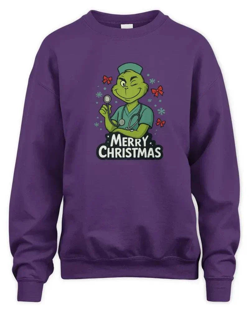 Unisex sweatshirt purple with Merry Christmas Grinch graphic and ribbed cuffs and waistband
