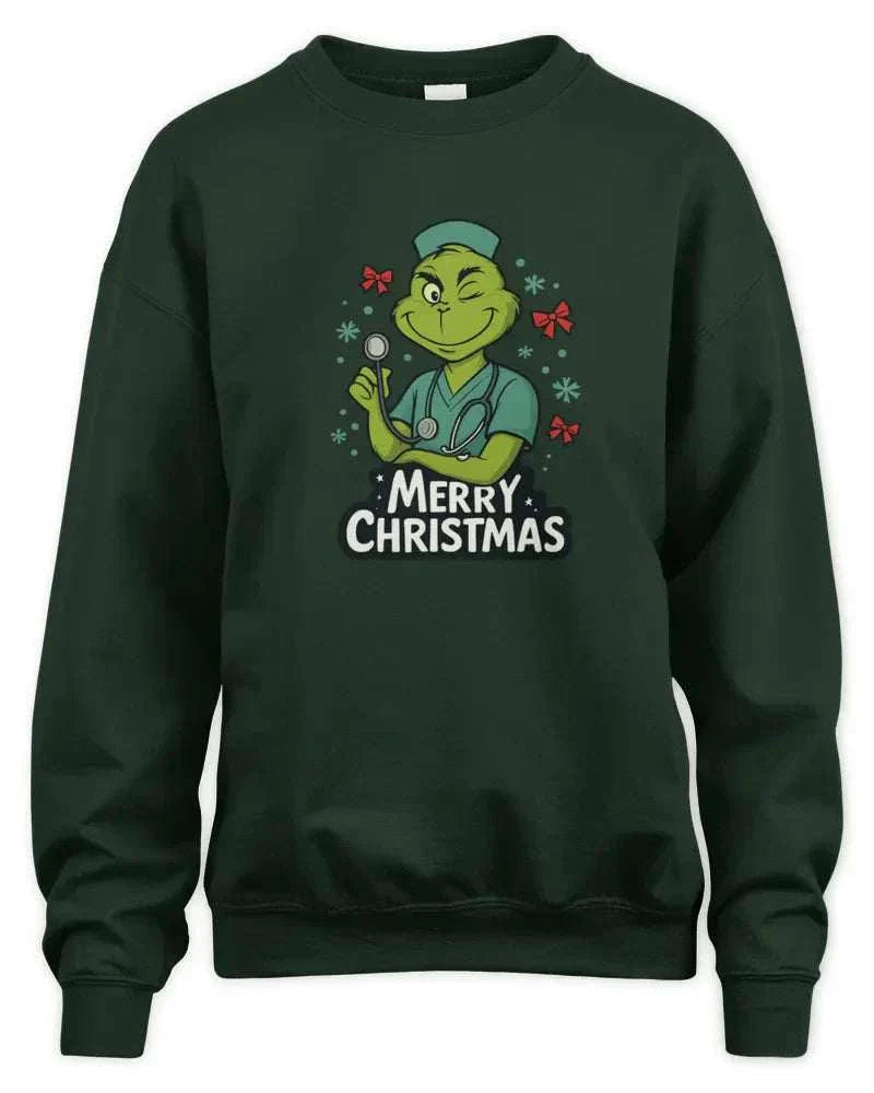 dark green unisex sweatshirt with Merry Christmas graphic and ribbed cuffs and waistband