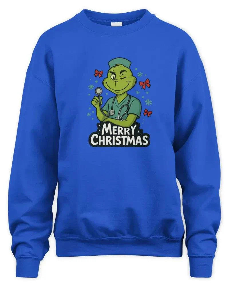 blue unisex sweatshirt with Merry Christmas graphic and ribbed cuffs and waistband