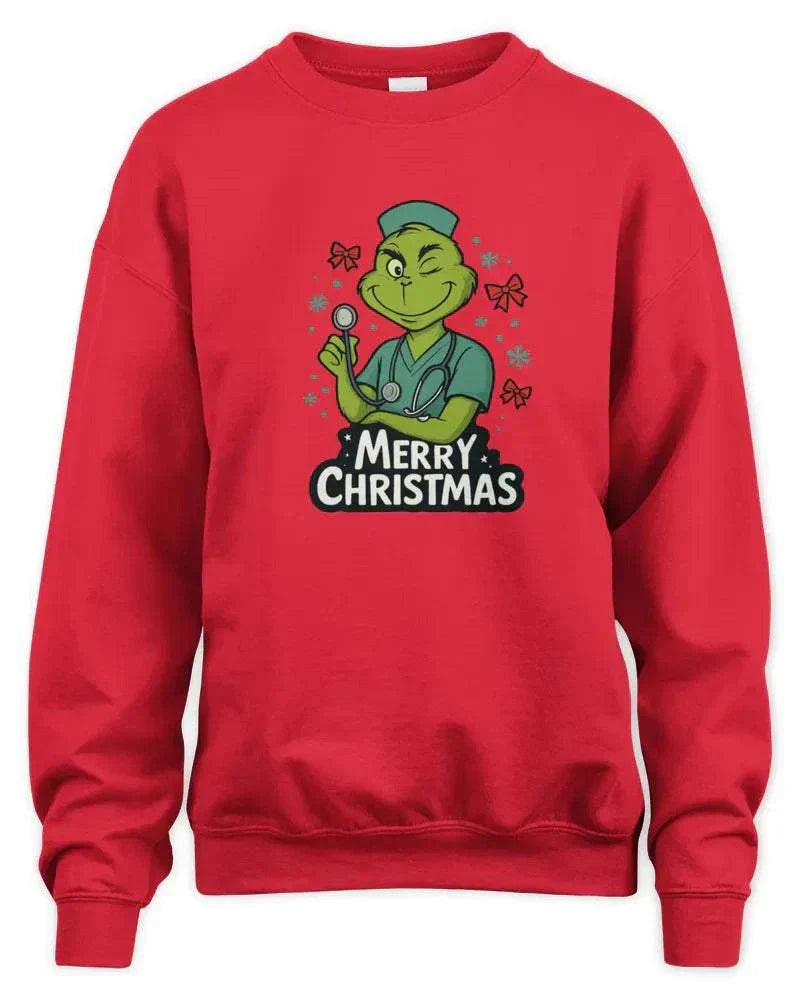 Red unisex sweatshirt with Merry Christmas graphic and soft preshrunk fleece knit