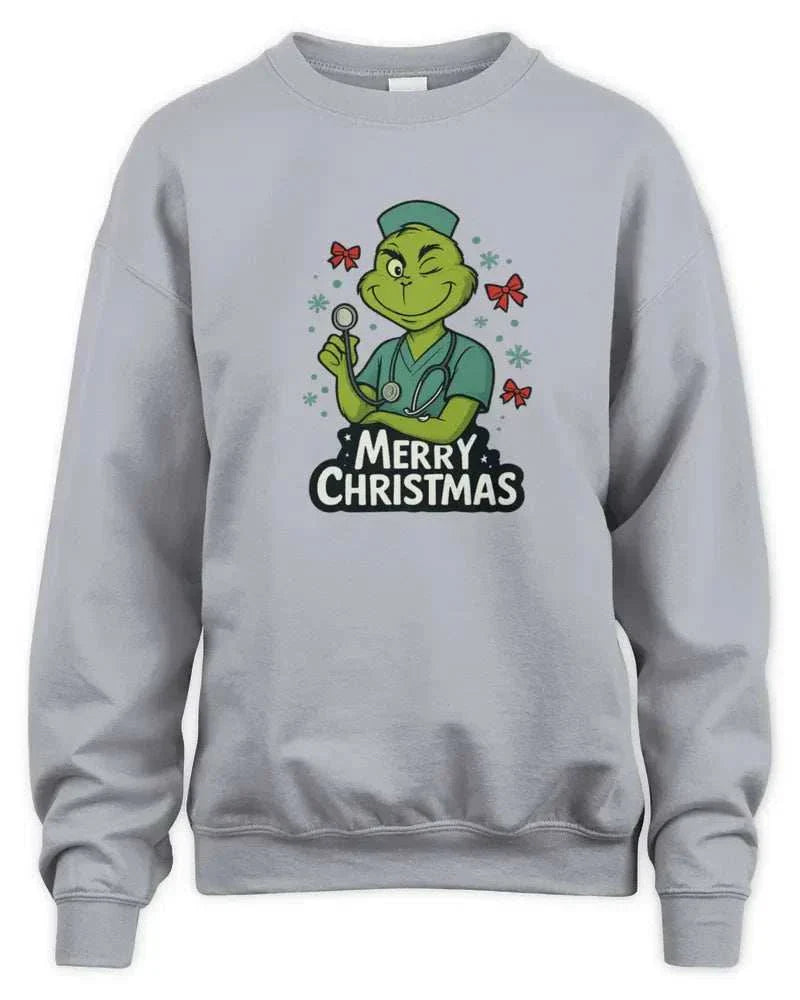 Unisex sweatshirt with Merry Christmas Grinch doctor graphic, preshrunk fleece knit, and soft 1x1 rib with spandex