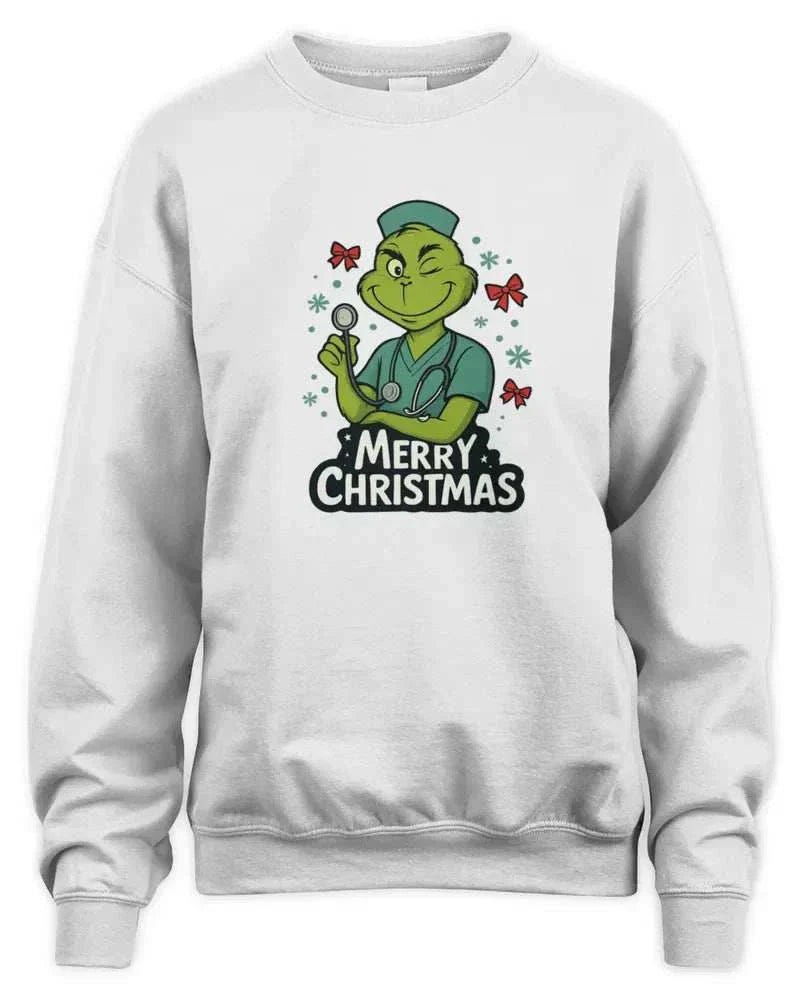 Unisex sweatshirt with Merry Christmas Grinch doctor design, soft preshrunk fleece and double-needle stitching