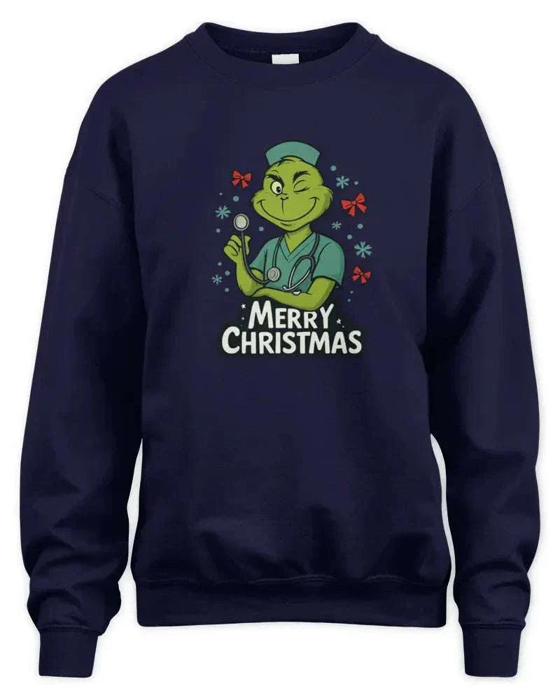 Unisex sweatshirt with Merry Christmas Grinch design, preshrunk fleece knit, ribbed cuffs and waistband