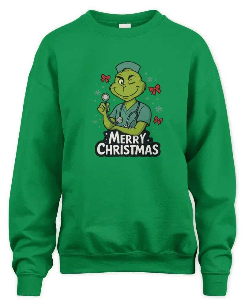 Green unisex sweatshirt with Merry Christmas graphic and ribbed cuffs and waistband