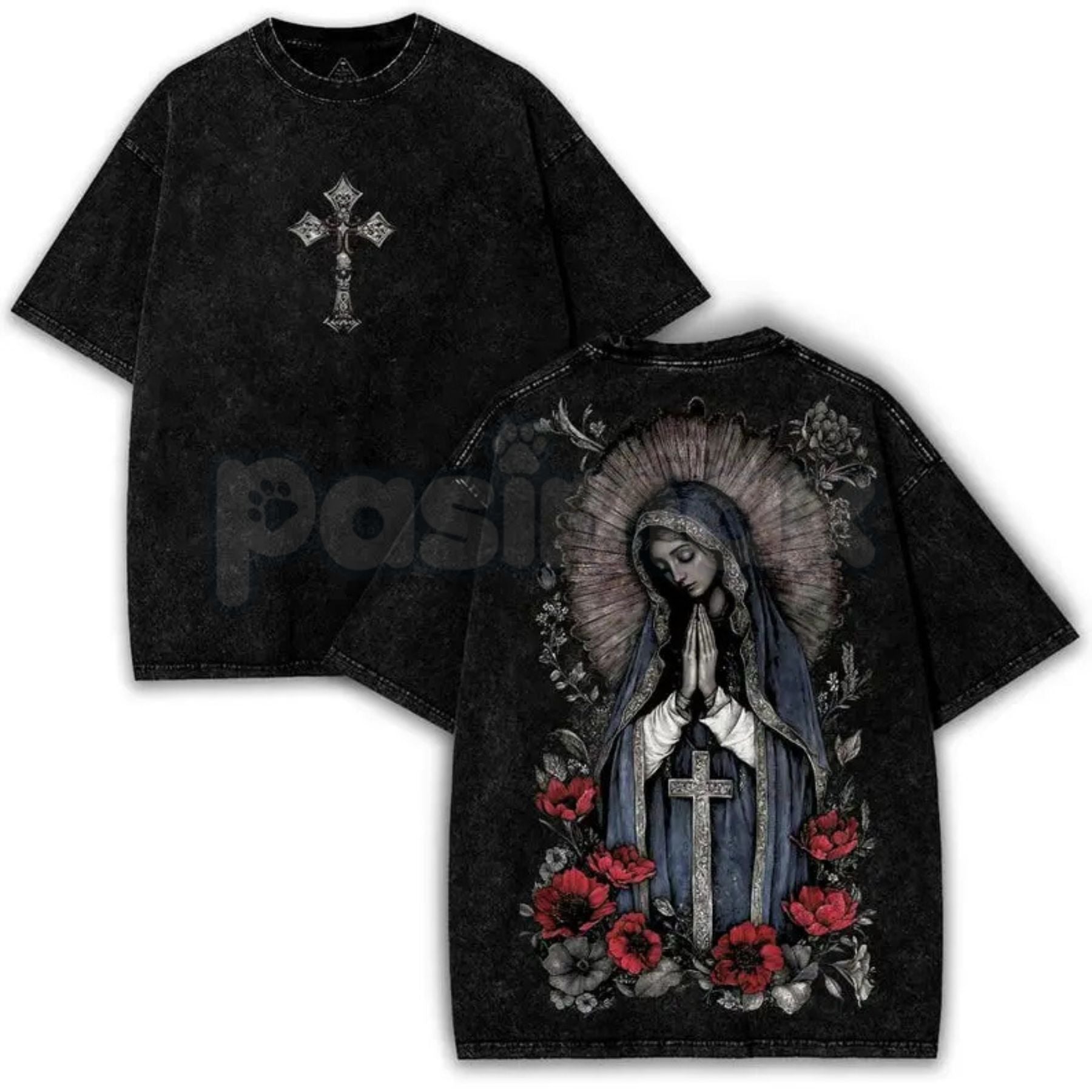 Gothic streetwear t-shirt with Virgin Mary sacred art graphic