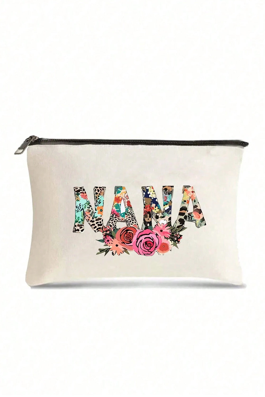 White TEACHER graphic print zipper cosmetic bag made of durable canvas, compact 22x15cm size