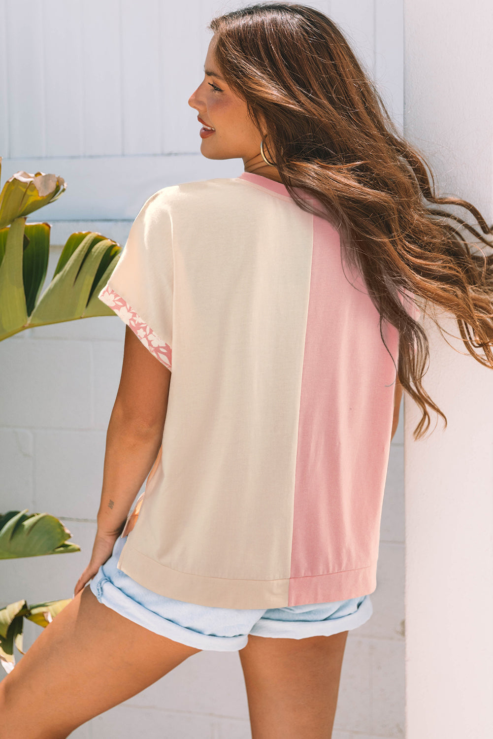 Apricot color block loose T-shirt with flower patch and relaxed fit
