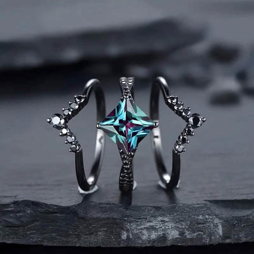 3-Piece Set: Black Square Faux Blue Zirconia Retro Luxury Ring