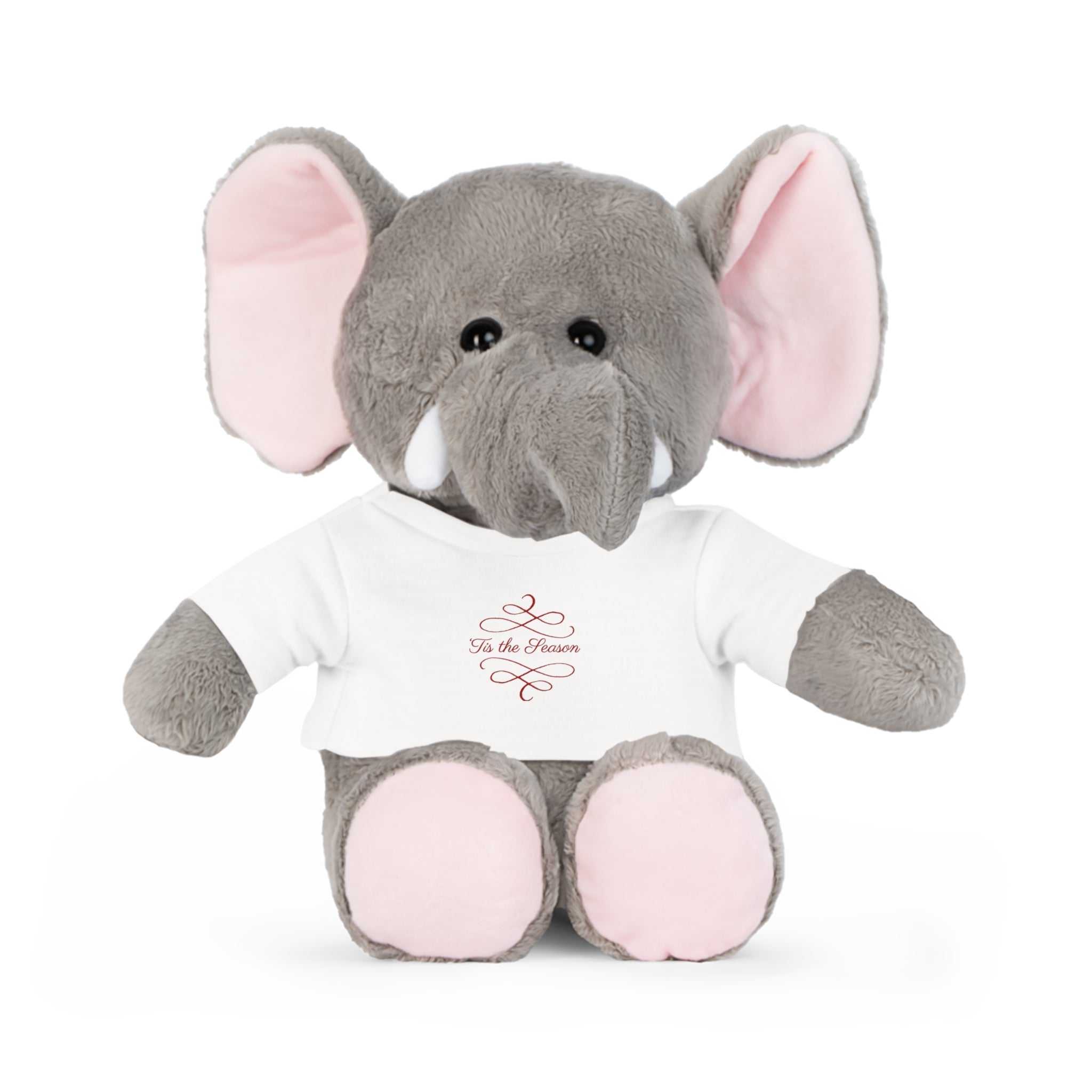 Gray plush elephant wearing white holiday t-shirt with "Tis the Season" text