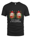 Stop Staring At My Reindeers Boobs funny Christmas t-shirt in black with reindeer design and text.