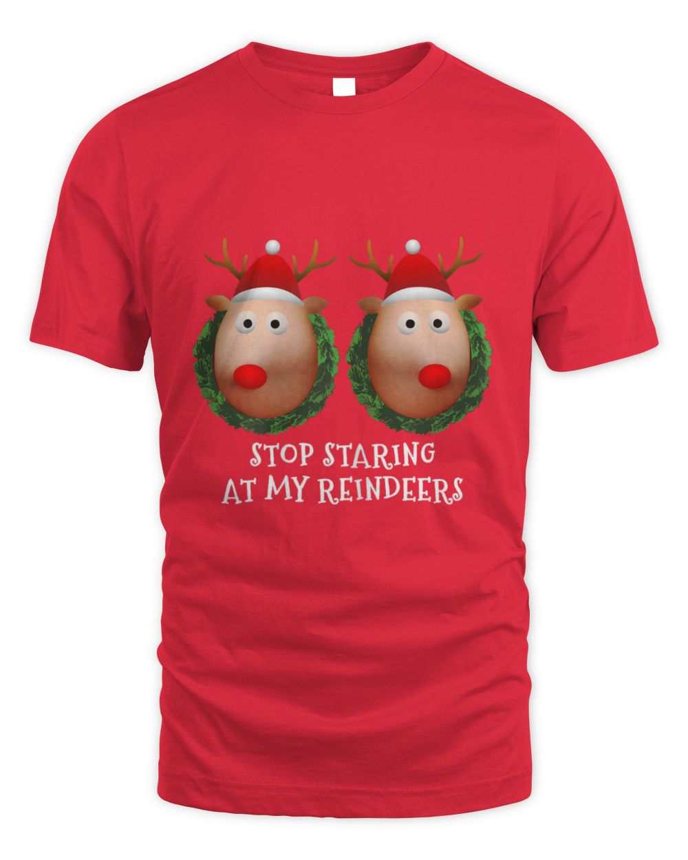 Red unisex t-shirt with humorous "Stop Staring At My Reindeers" Christmas reindeer design