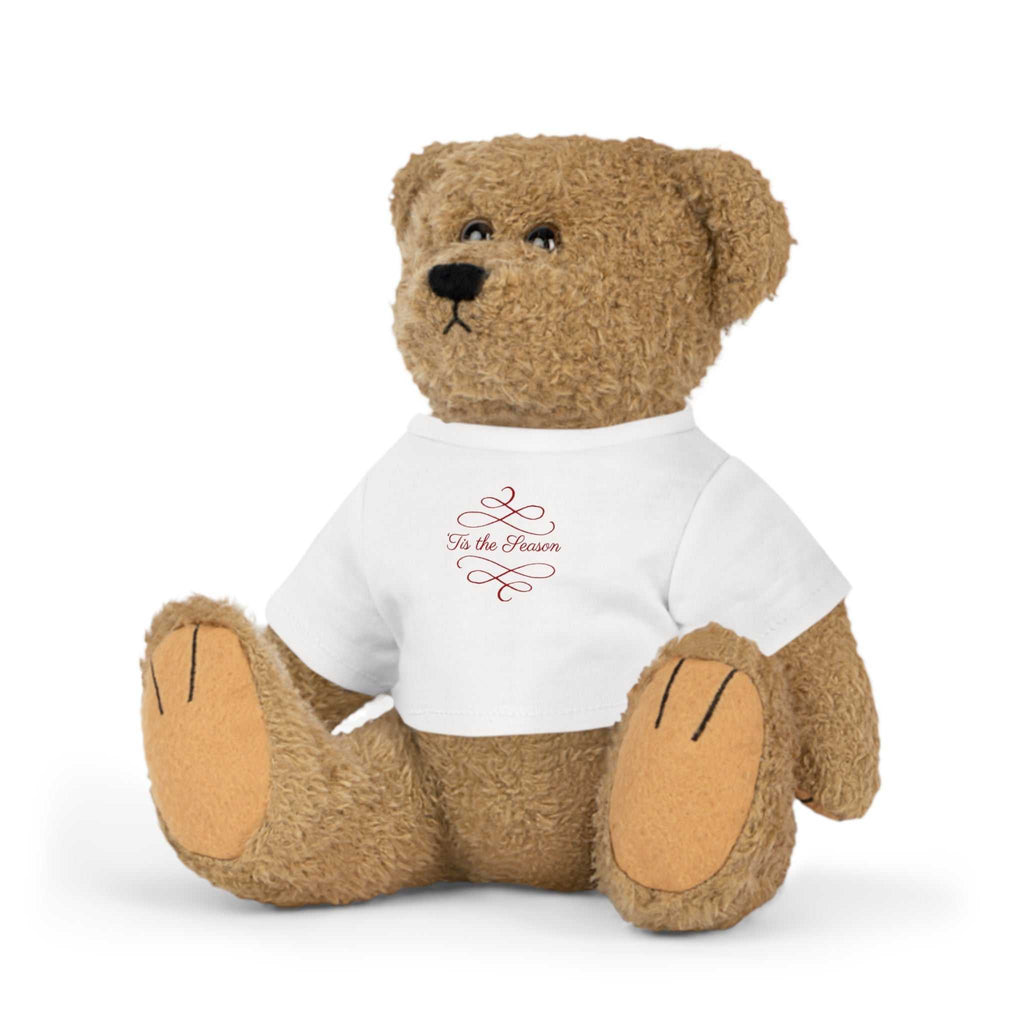 Tis the Season brown teddy plush toy wearing a white holiday t-shirt with festive text.