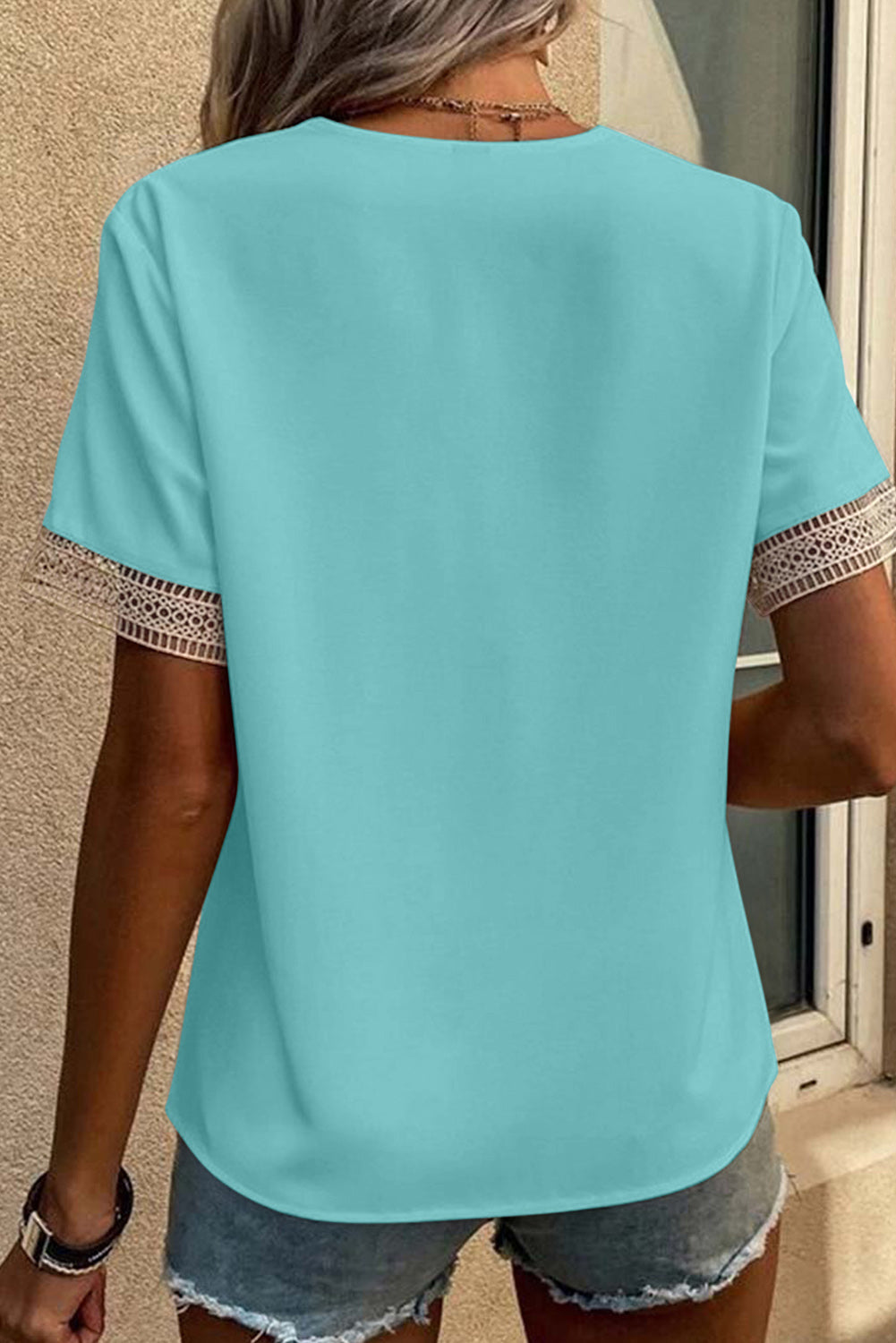 Green lace trim V neck short sleeve blouse with delicate lace details