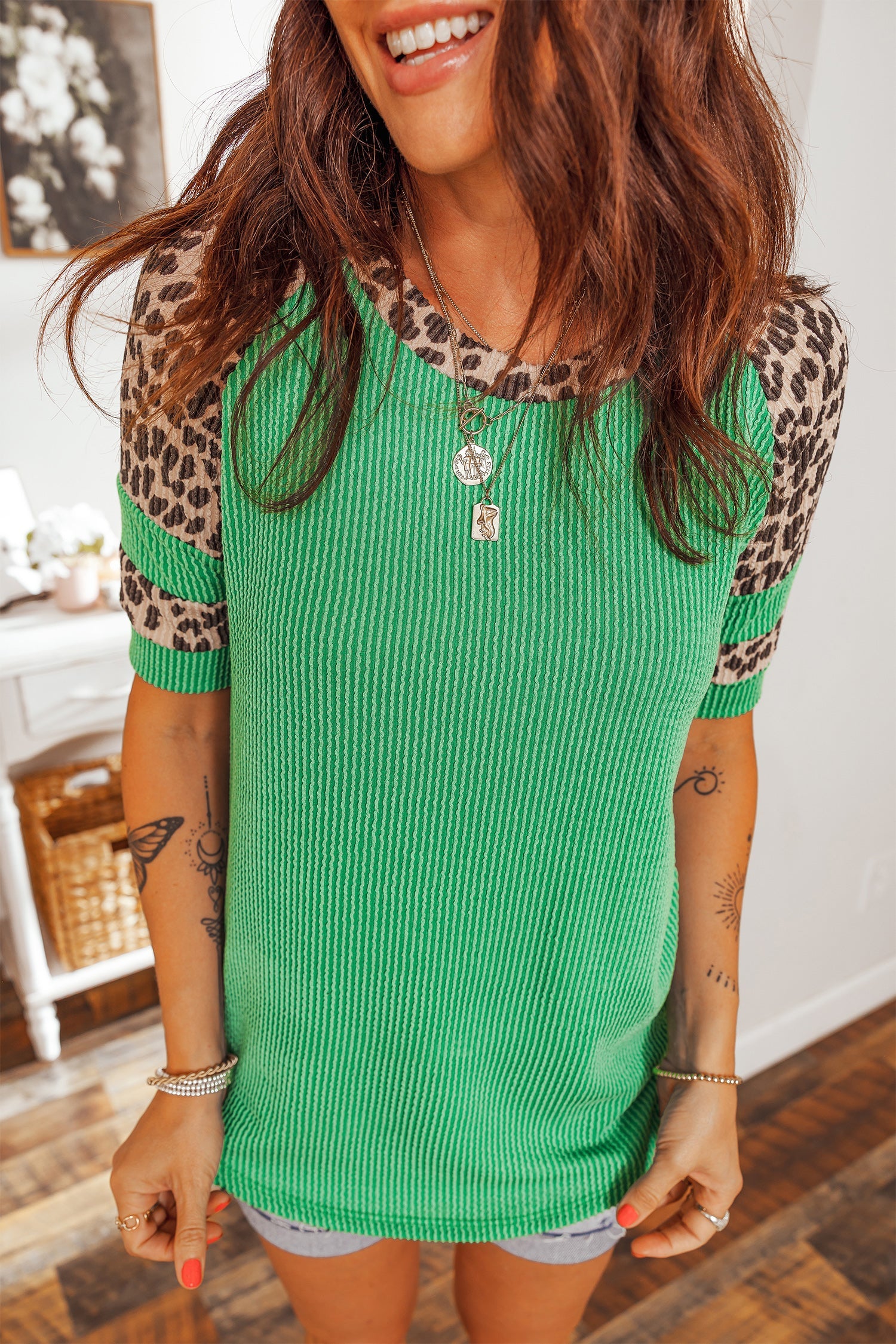 Green corded rib tunic tee with leopard color block patchwork and raglan sleeves