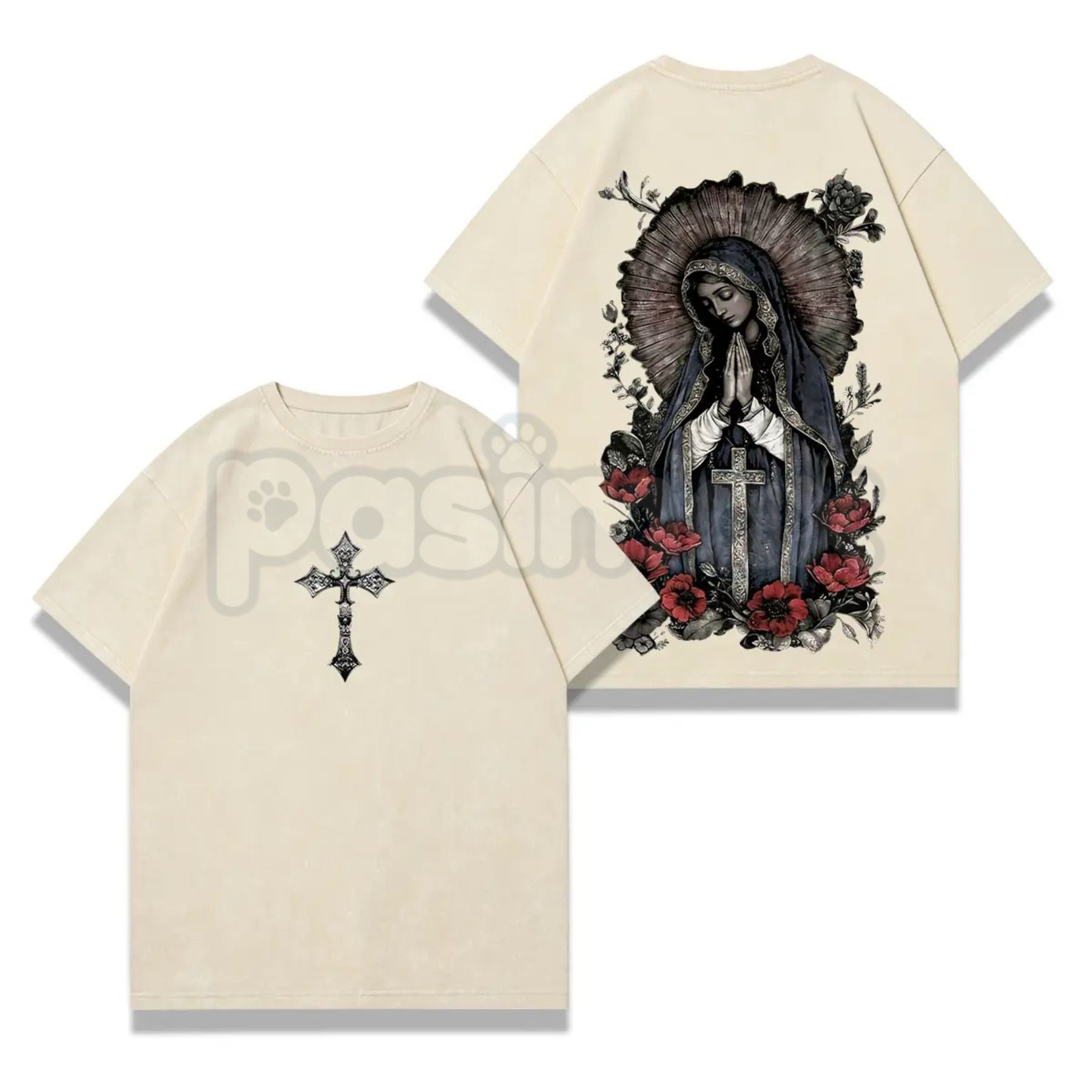 Gothic streetwear t-shirt with Virgin Mary sacred art graphic
