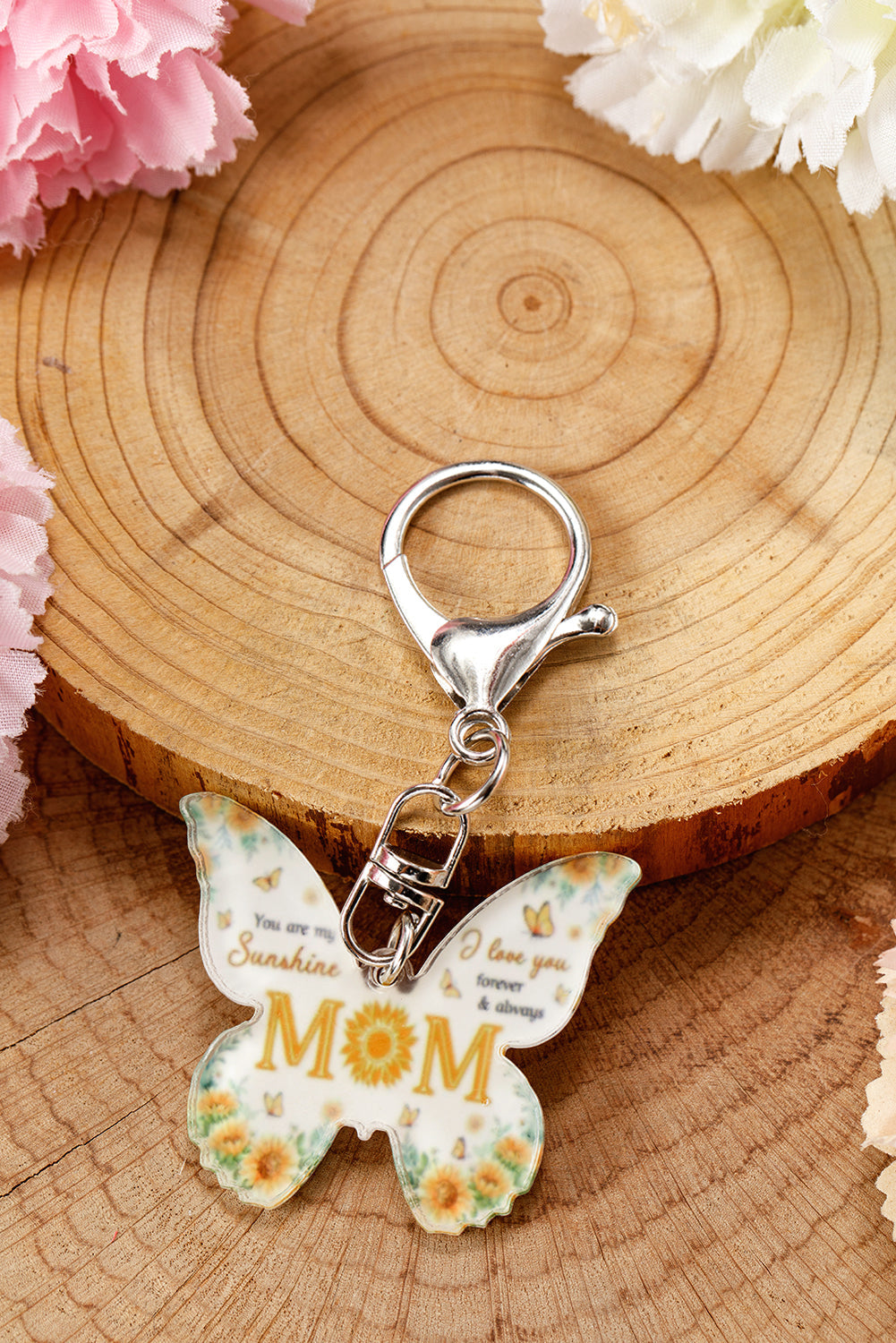 Yellow MOM butterfly shape acrylic keychain with bold font and durable design