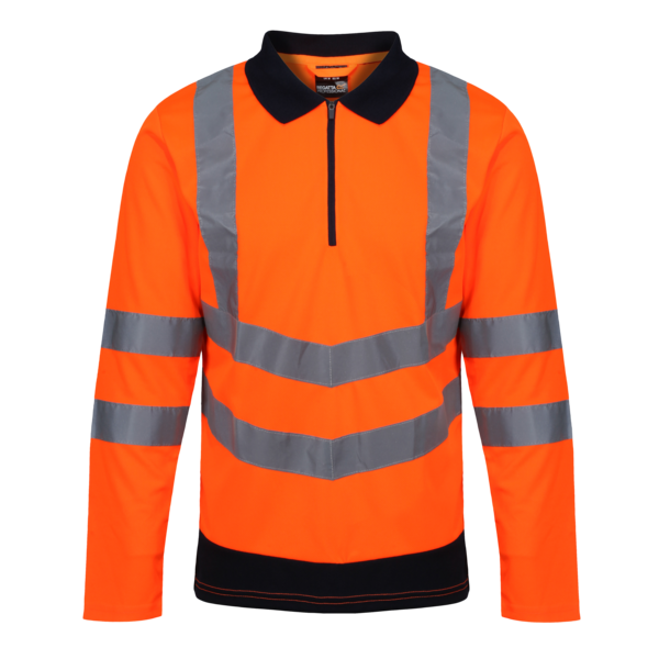 Mens Regatta Hi Vis long sleeve polo shirt with reflective detailing for high visibility and moisture-wicking fabric