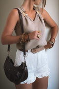 Gray sleeveless V-neck sweater knit tank top with metallic star detail and relaxed fit