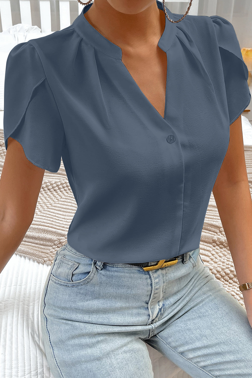 Sail blue silky blouse with notched neckline and petal sleeves