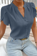Sail blue silky blouse with notched neckline and petal sleeves