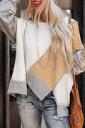 Light French beige colorblock long sleeve top with irregular hem and patchwork design