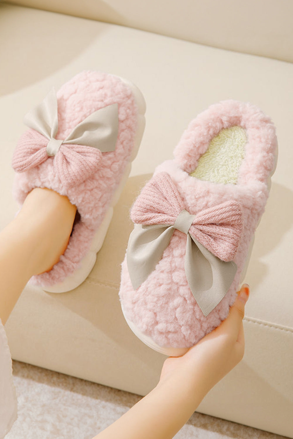 Camel contrast bowknot plush winter slippers with thick sole for cozy comfort