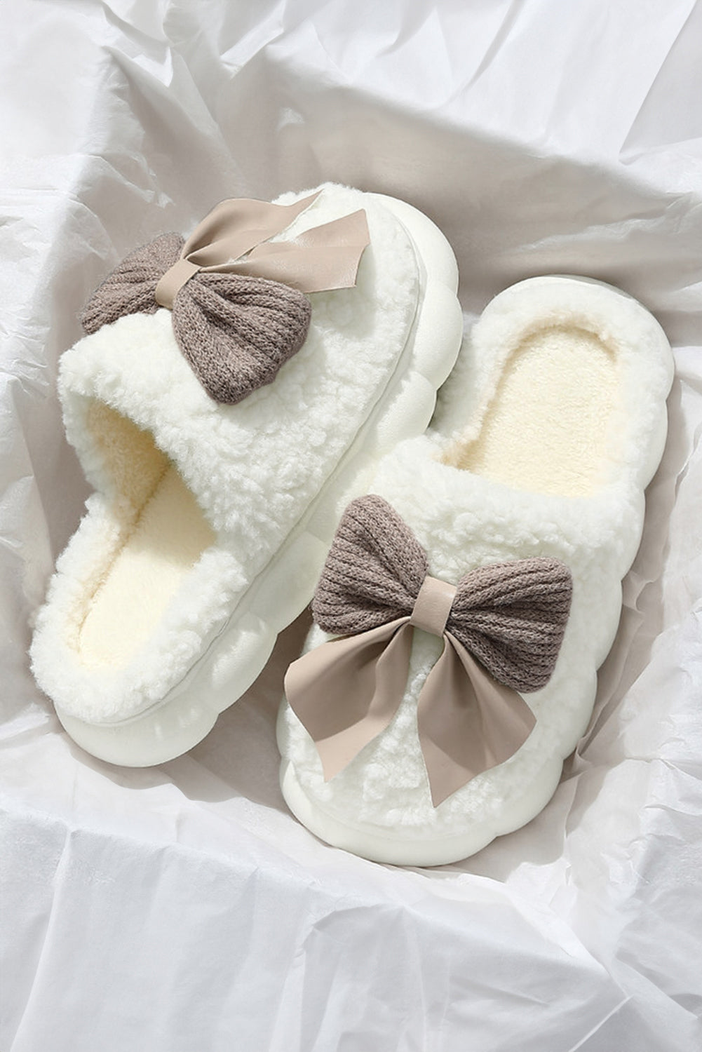 Camel contrast bowknot plush winter slippers with thick sole and soft cozy material