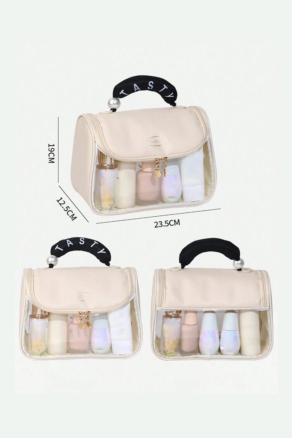 Beige clear makeup bag with TASTY print and handle showing inside pocket