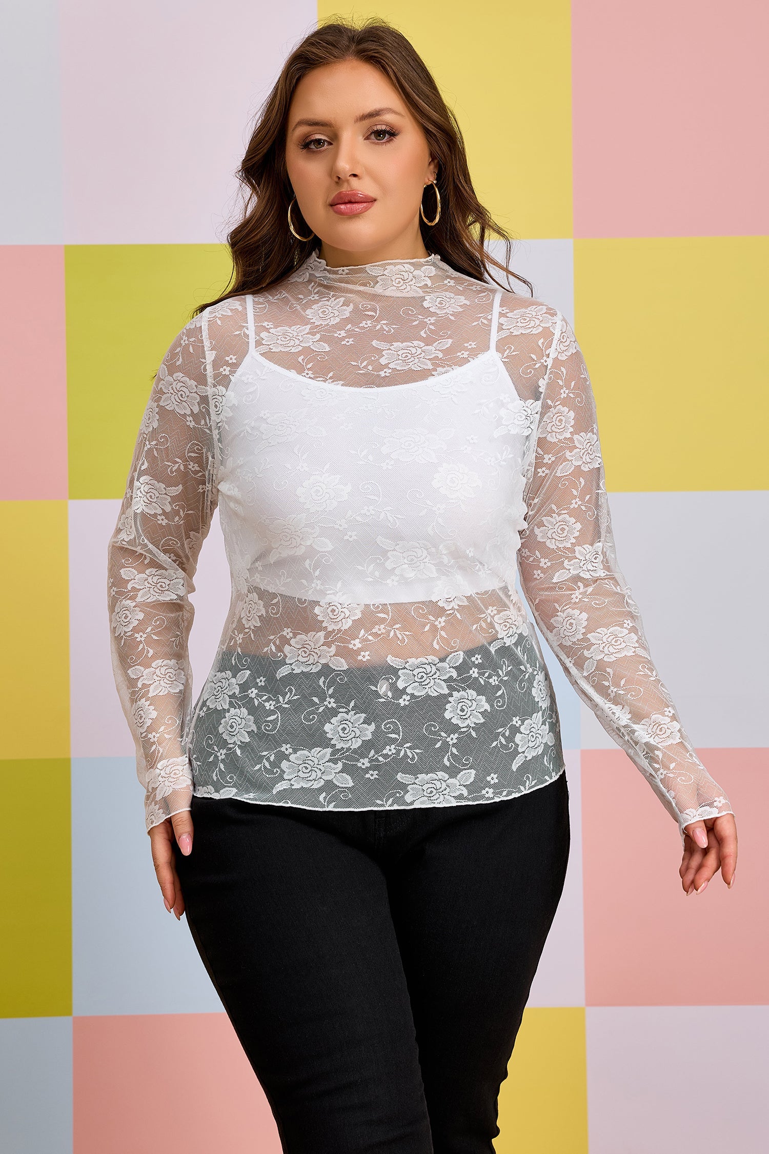 Black plus size floral mesh long sleeve top with sheer lace and slim fit design