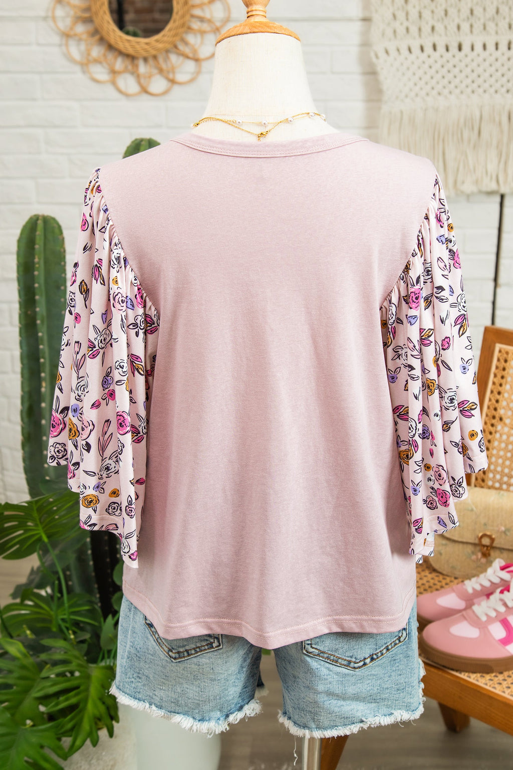 Pink blouse with contrast floral patchwork and flowy half sleeves
