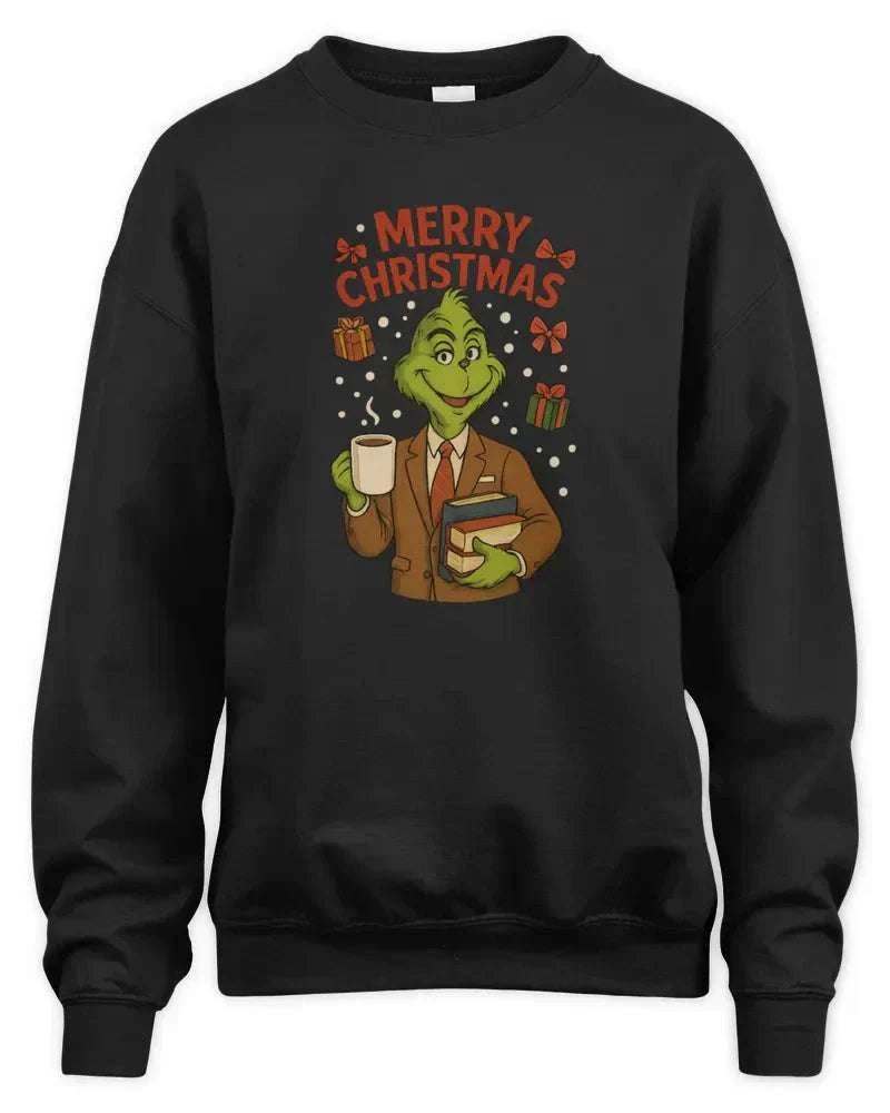 black unisex sweatshirt with Merry Christmas Grinch design and ribbed cuffs