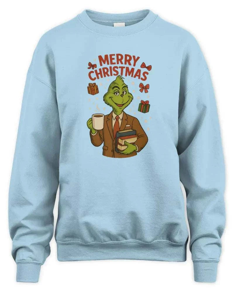 Light blue unisex sweatshirt with Merry Christmas Grinch graphic and comfortable ribbed cuffs and waistband