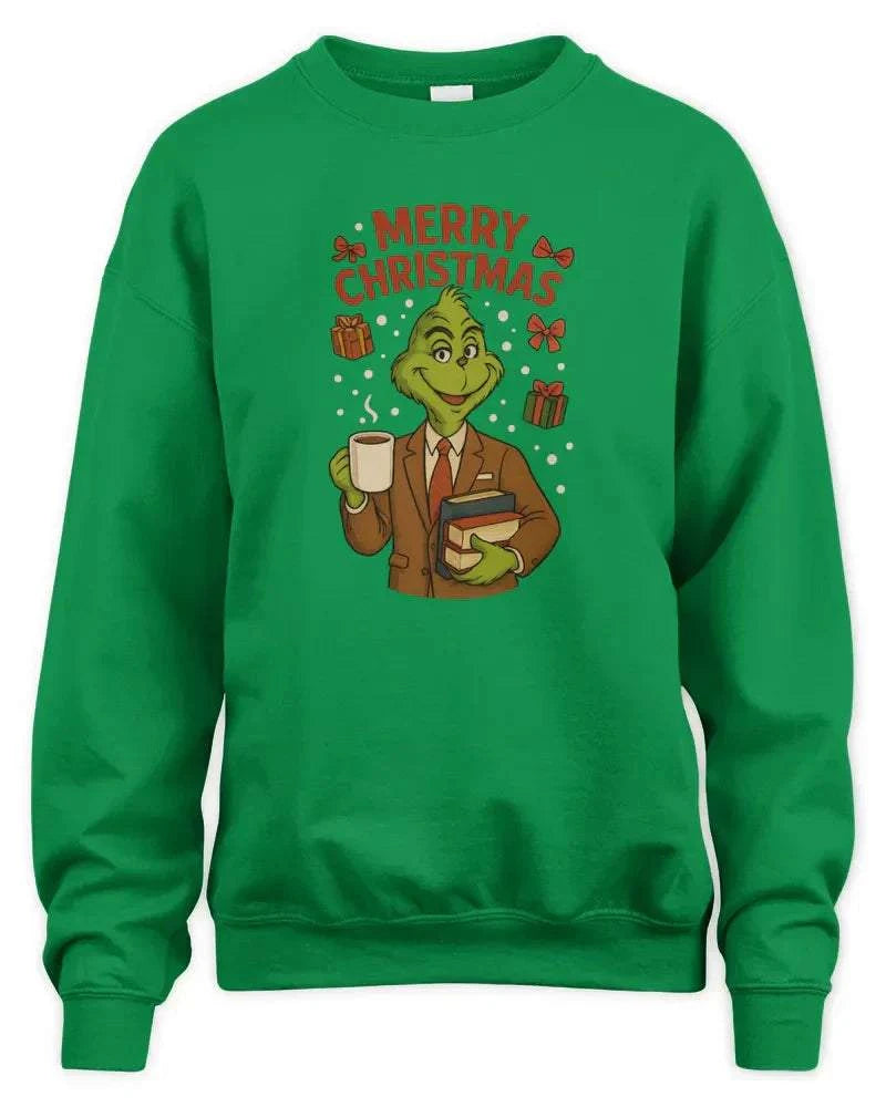 Green unisex sweatshirt with Merry Christmas Grinch graphic, soft preshrunk fleece knit and double-needle stitching