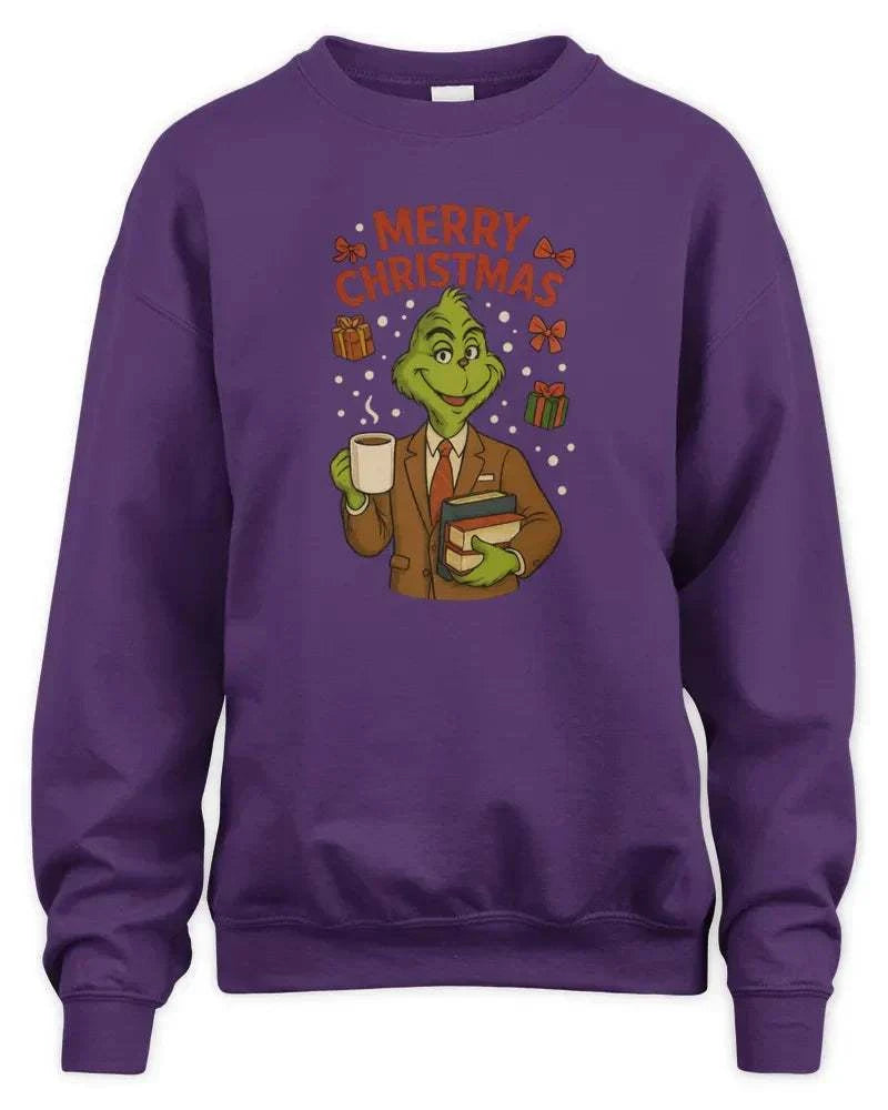 Purple unisex sweatshirt with Christmas-themed Grinch graphic and durable stitching