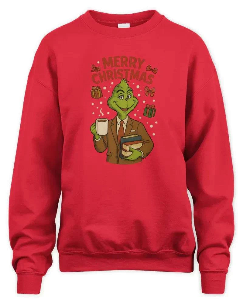Red unisex sweatshirt with Grinch Christmas design and preshrunk fleece knit