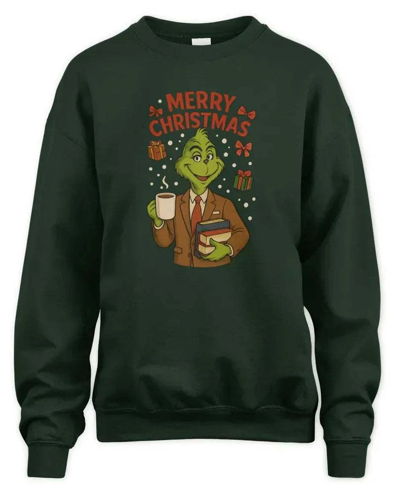 Unisex sweatshirt with Grinch Merry Christmas design, preshrunk fleece knit, soft air jet yarn, and double-needle stitching