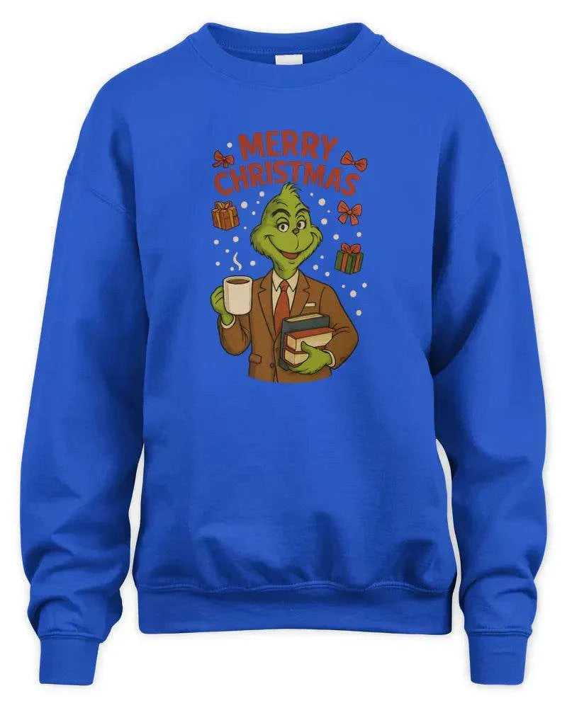 Blue unisex sweatshirt with Grinch Merry Christmas design, soft preshrunk fleece knit, 1x1 rib with spandex, double-needle stitching.