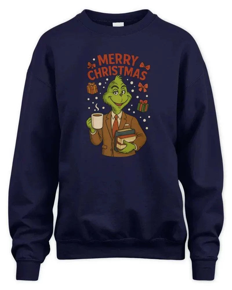 Unisex sweatshirt with Merry Christmas Grinch print, soft preshrunk fleece knit, durable double-needle stitching, and tear away label