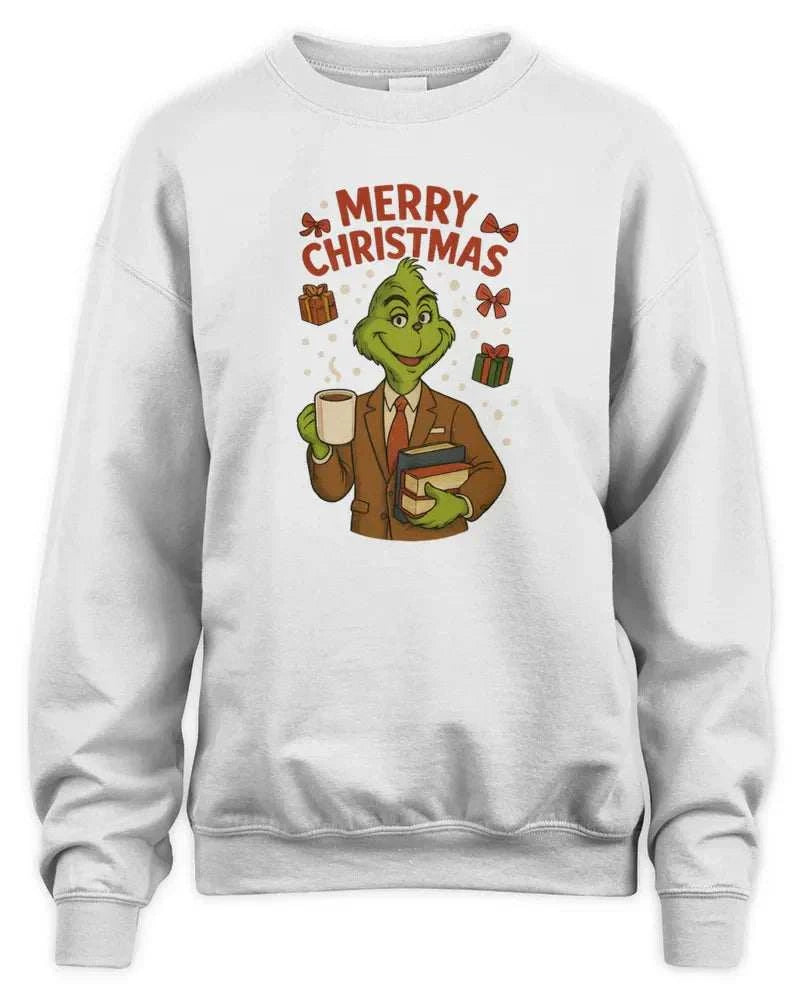 White unisex sweatshirt with Grinch Merry Christmas design and soft preshrunk fleece knit