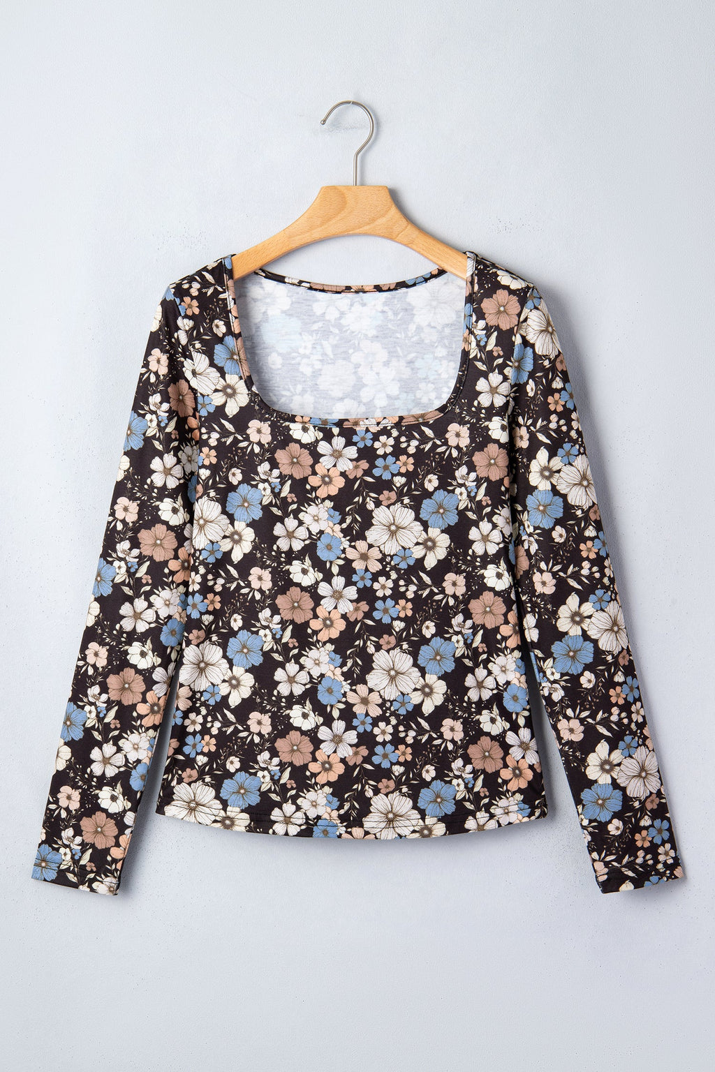 Black floral print slim long sleeve T-shirt with square neckline and high elasticity
