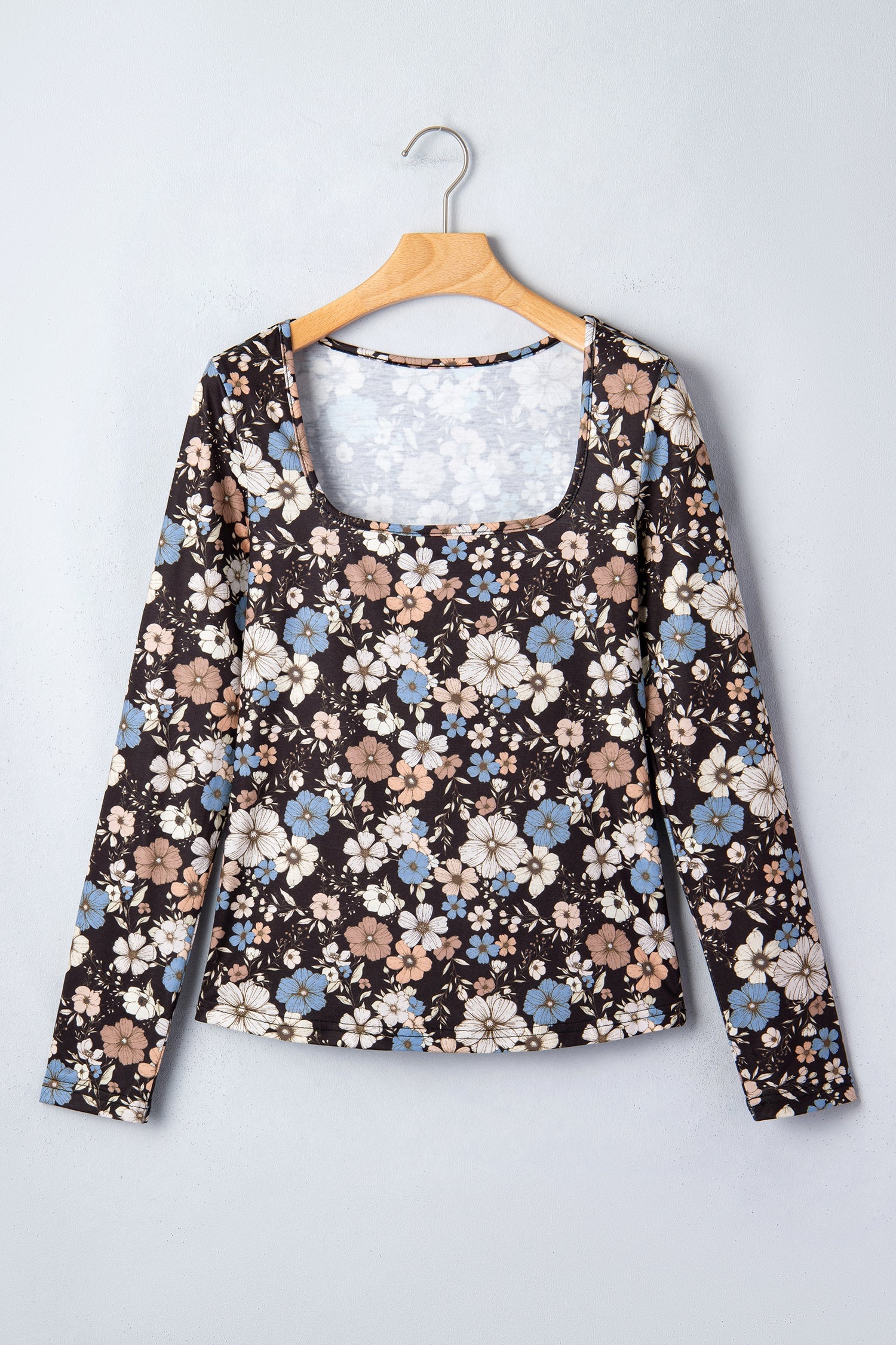 Black floral print slim long sleeve T-shirt with square neckline and high elasticity