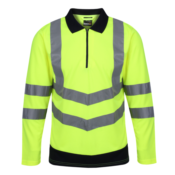 Men’s Regatta Hi Vis long sleeve polo shirt with reflective detailing for outdoor work and safety