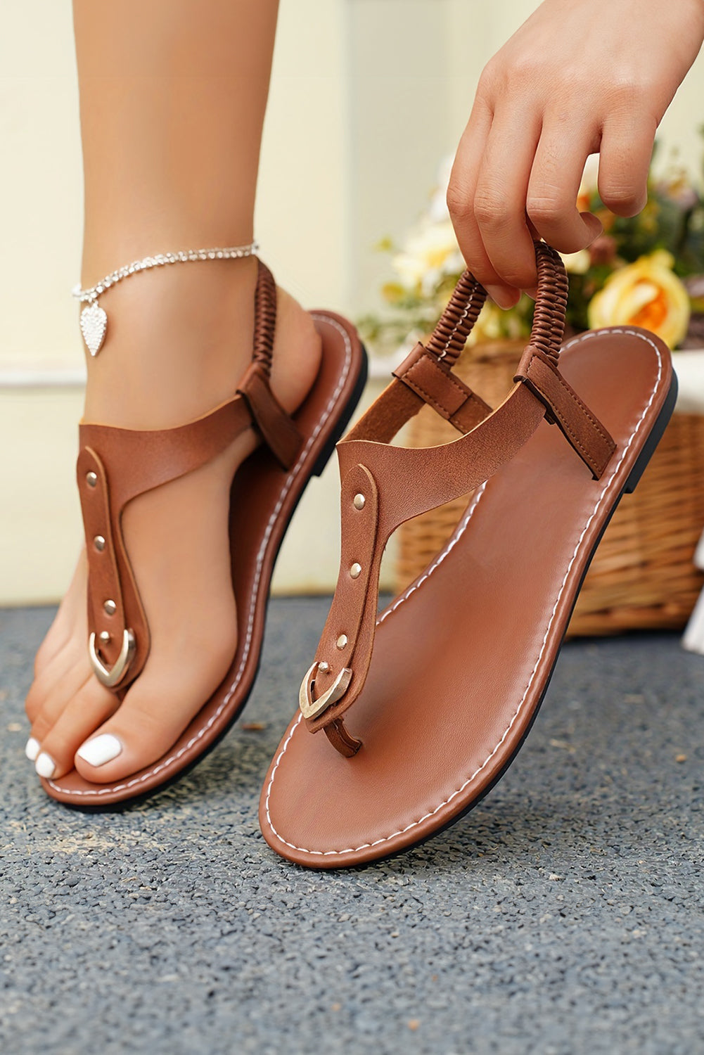 Chestnut faux leather sandals with hollow-out design and clip toe flat sole